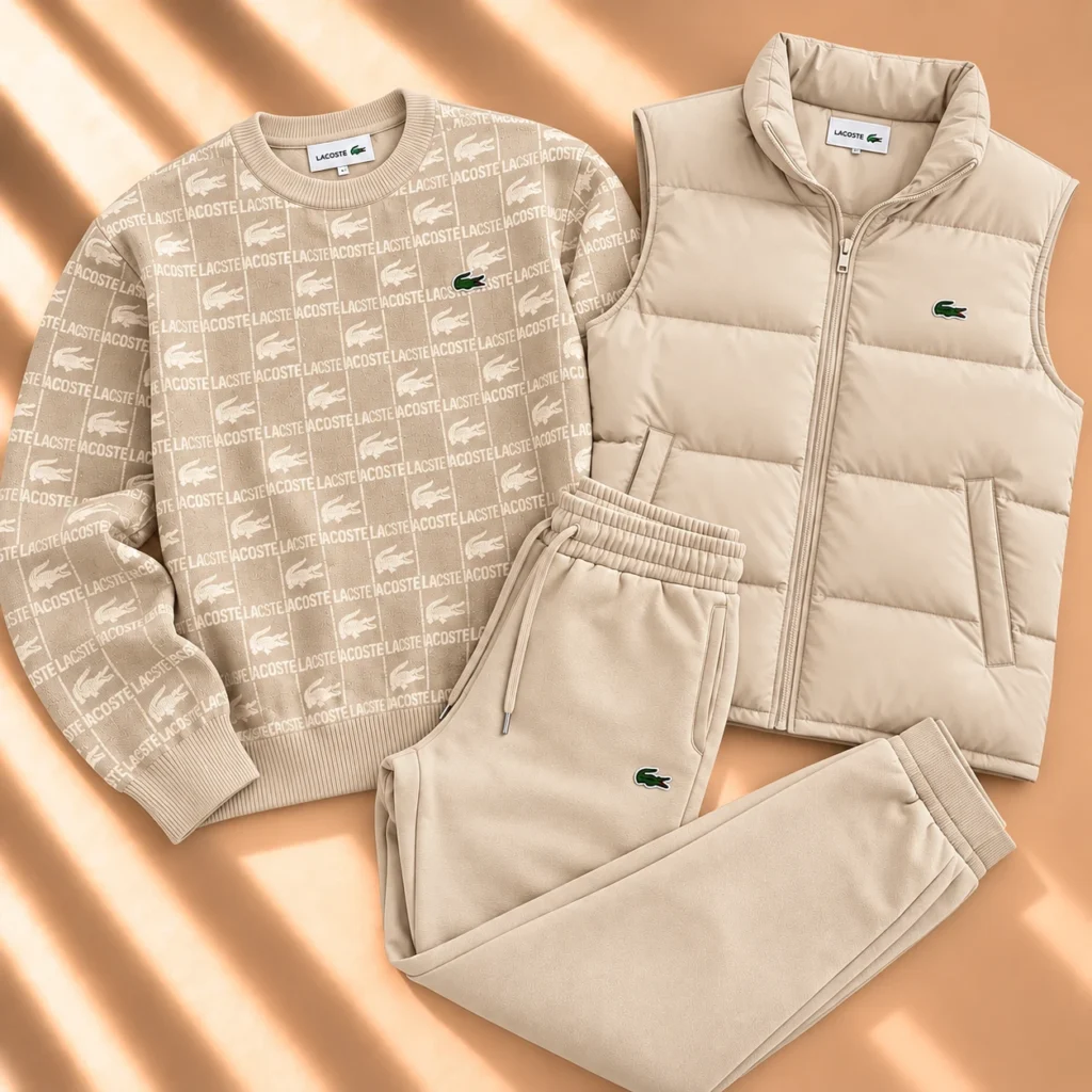 3-Piece Monogram Sweatshirt & Puffer Vest Tracksuit Set – Beige