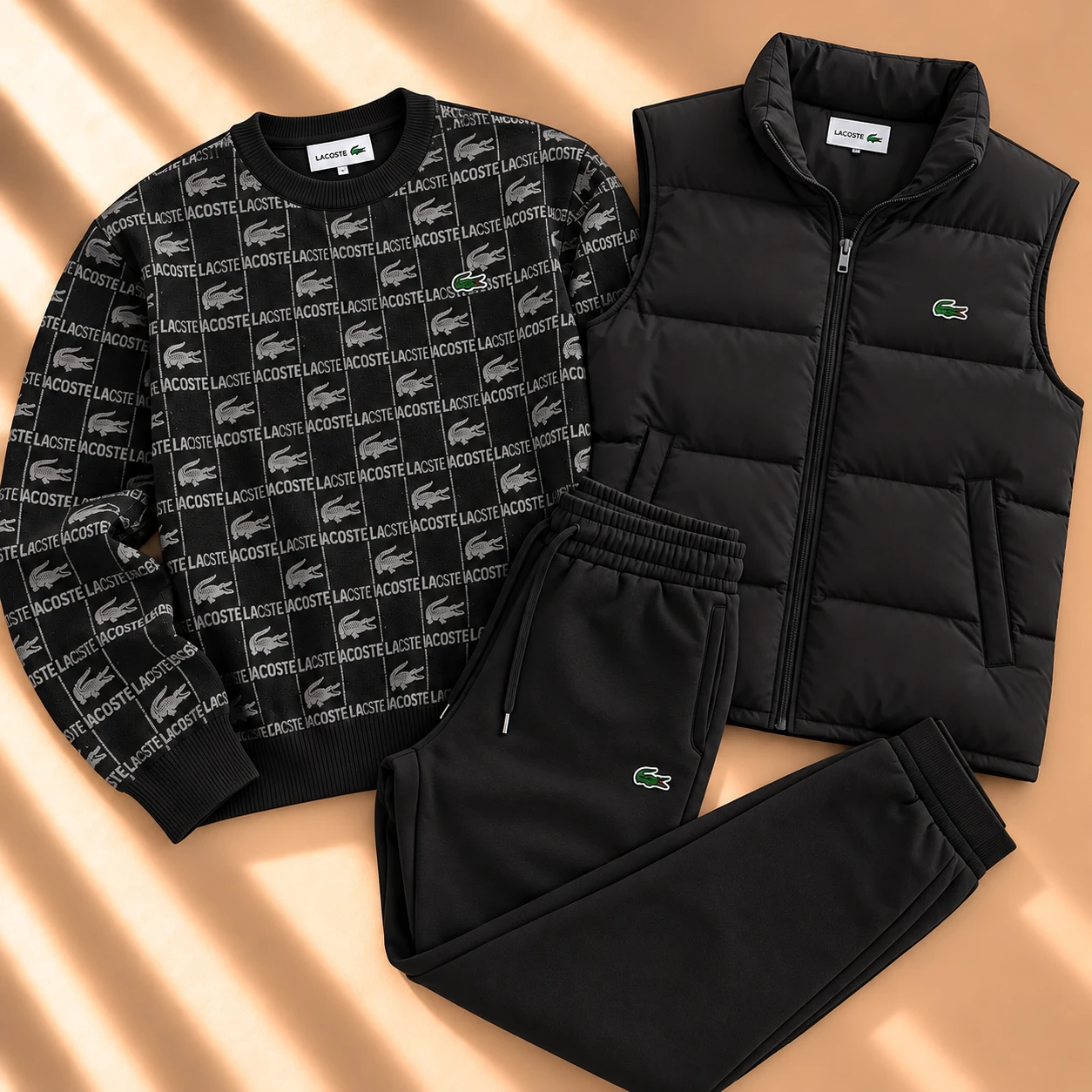 3-Piece Monogram Sweatshirt & Puffer Vest Tracksuit Set – Black