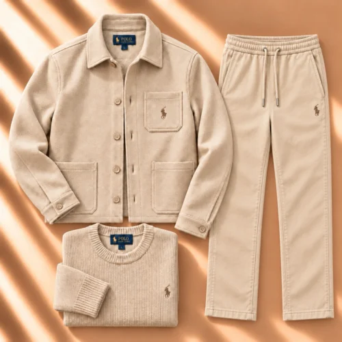 3-Piece Textured Jacket & Knit Tracksuit Set – Cream