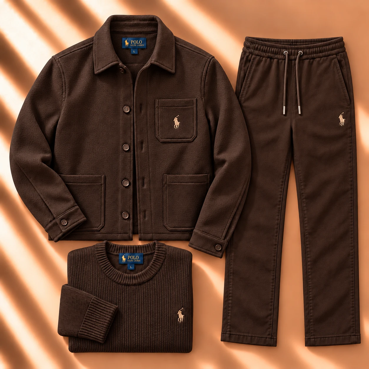 3-Piece Textured Jacket & Knit Tracksuit Set – Chocolate Brown