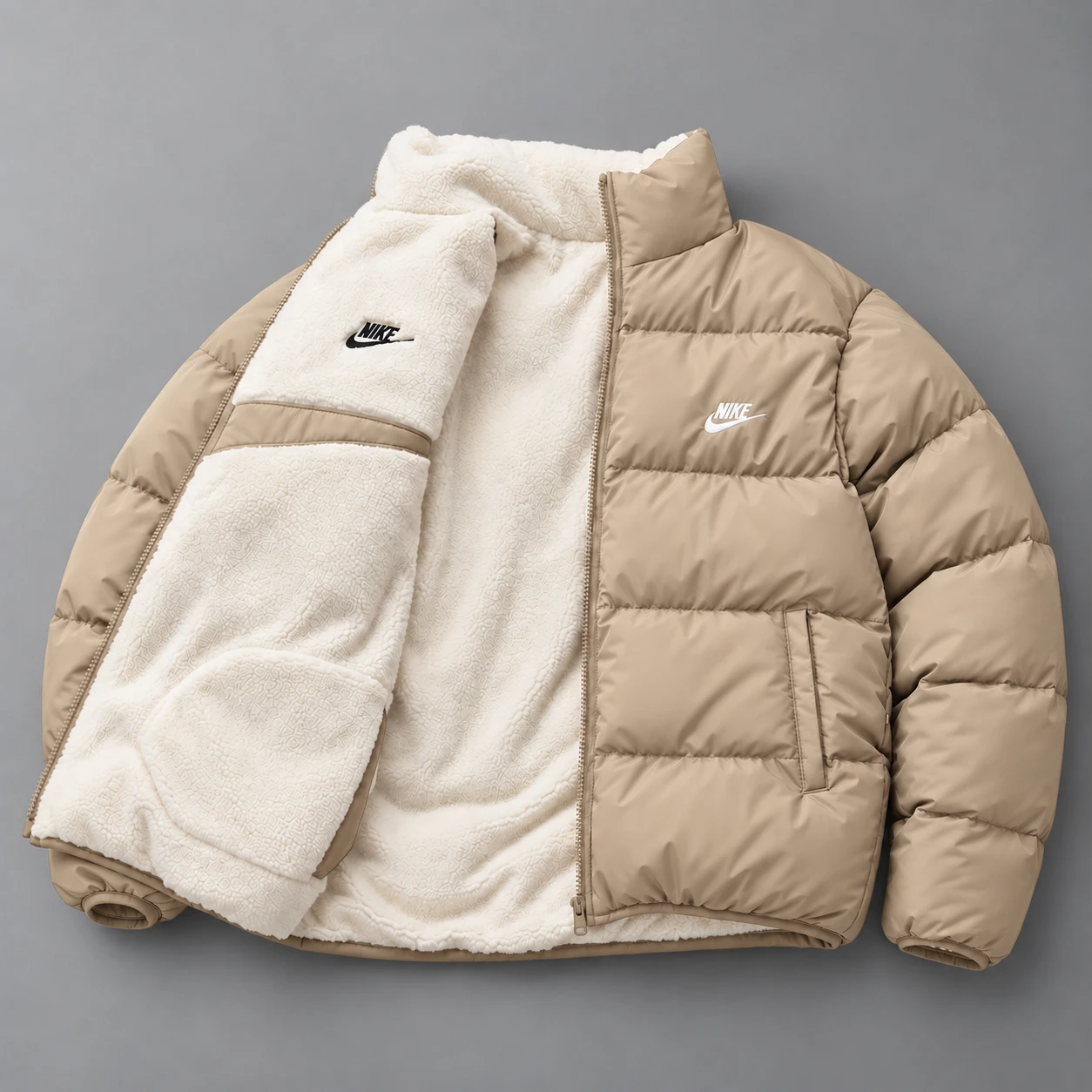 Giubbotto Puffer Reversibile in Sherpa – Khaki