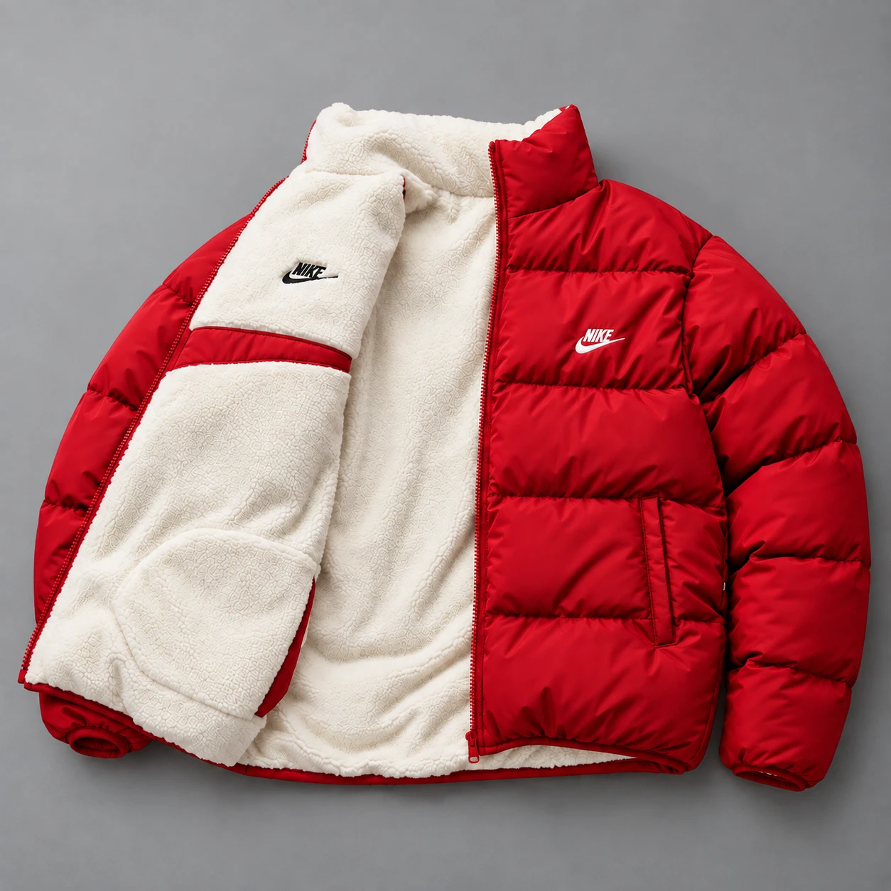 Giubbotto Puffer Reversibile in Sherpa – Rosso Università