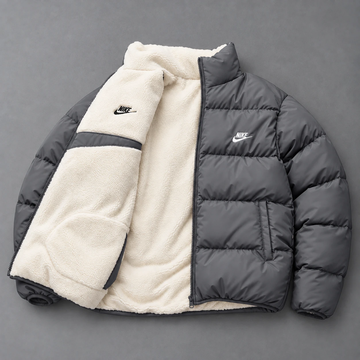Giubbotto Puffer Reversibile in Sherpa – Grigio Antracite