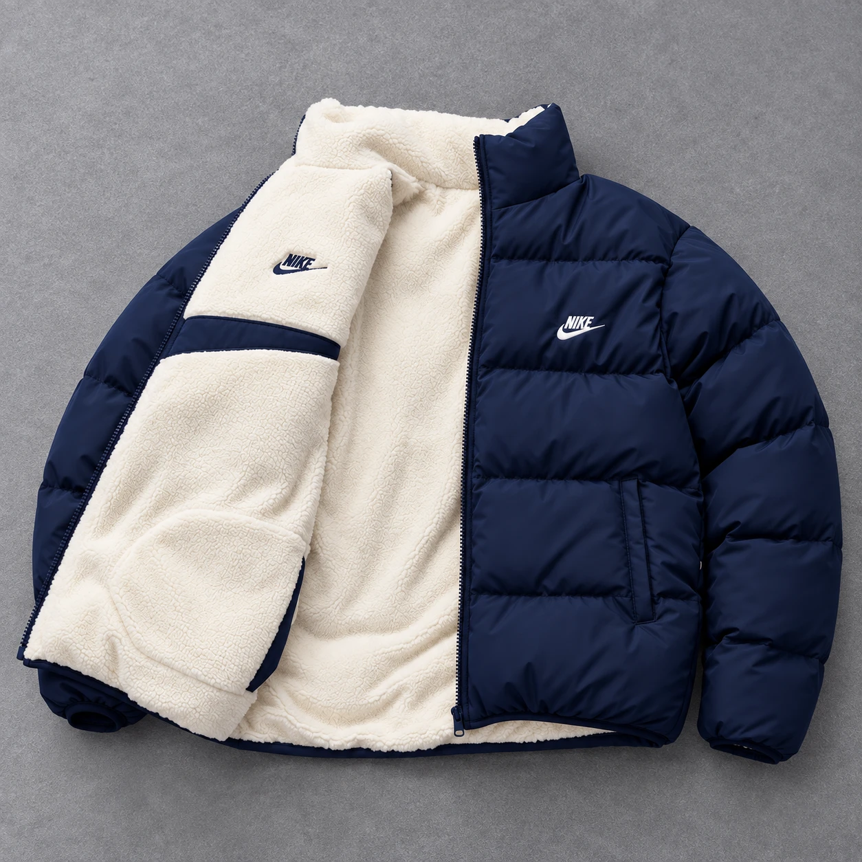 Giubbotto Puffer Reversibile in Sherpa – Blu Navy