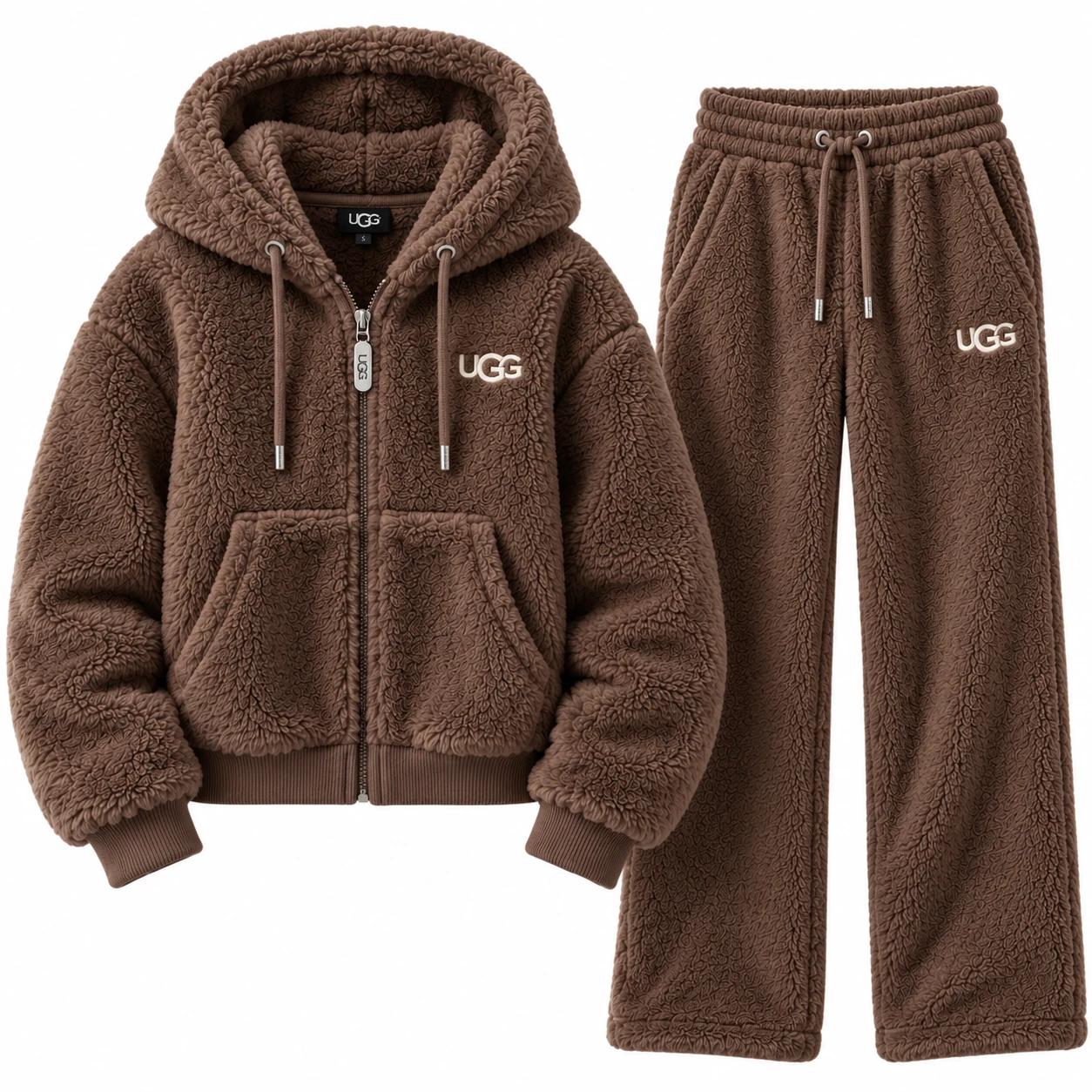 Cozy Luxe – Women's Fluffy Sherpa Tracksuit Set – Chocolate Brown