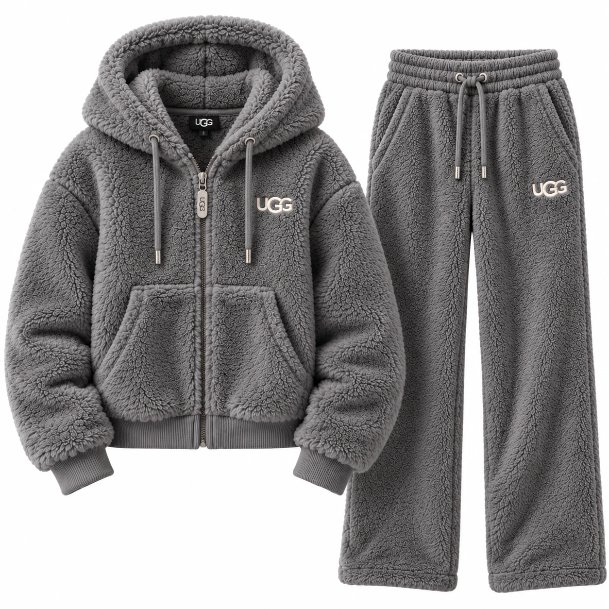 Cozy Luxe – Women's Fluffy Sherpa Tracksuit Set – Charcoal Grey
