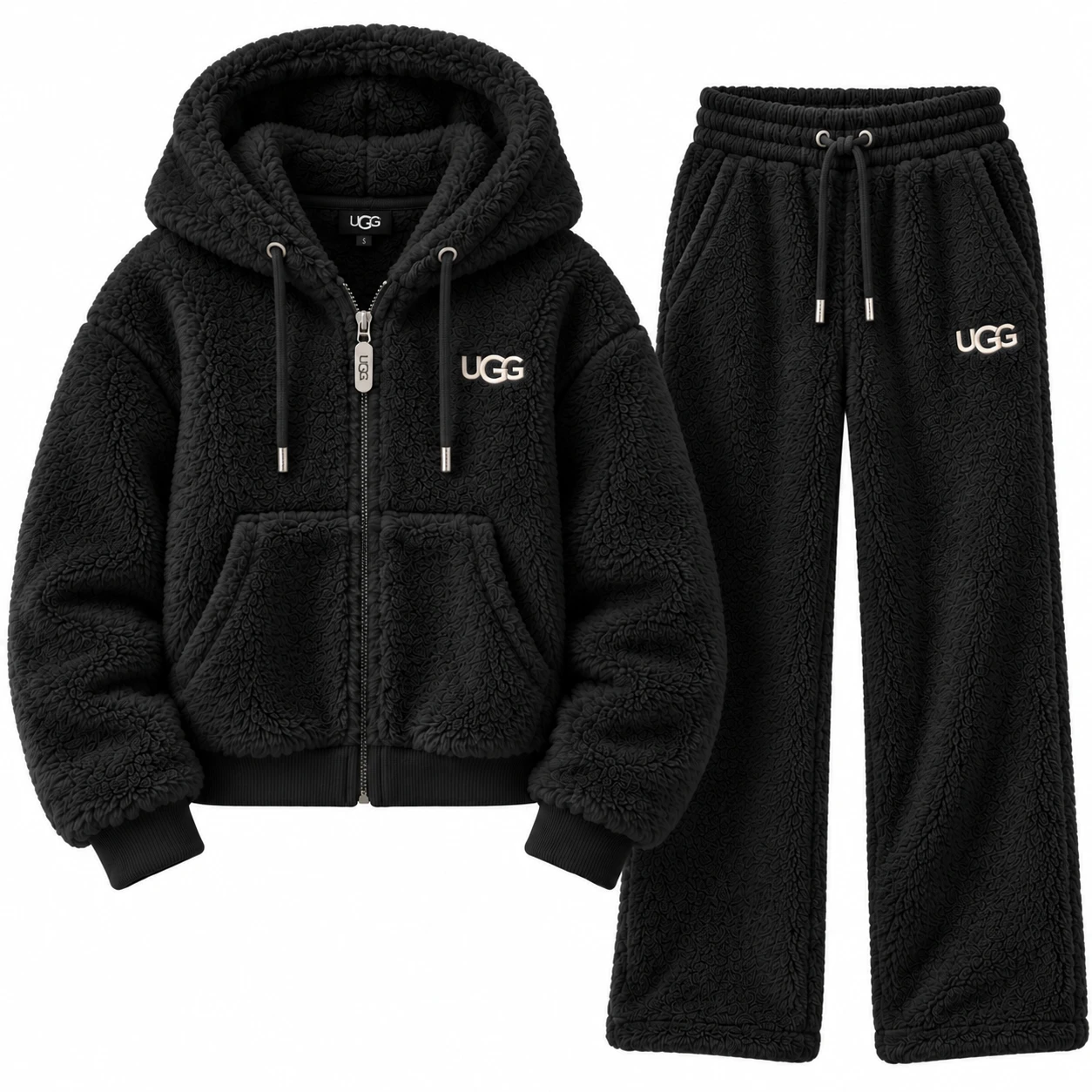 Cozy Luxe – Women's Fluffy Sherpa Tracksuit Set – Black