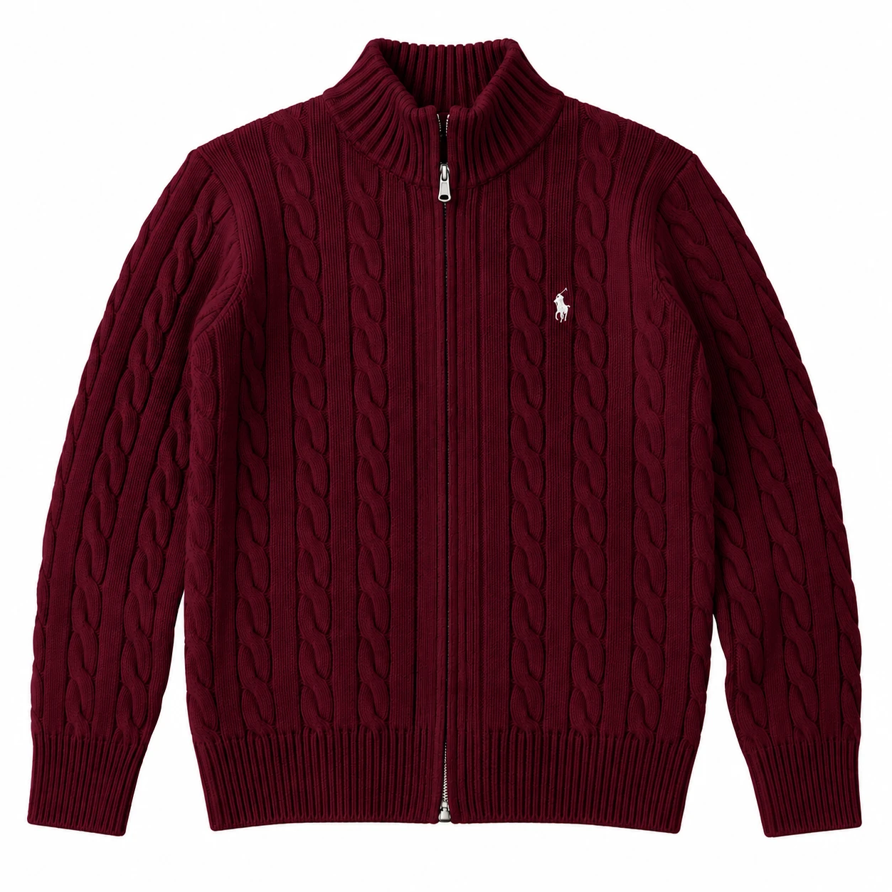 Men's Cable-Knit Full-Zip Sweater – Burgundy
