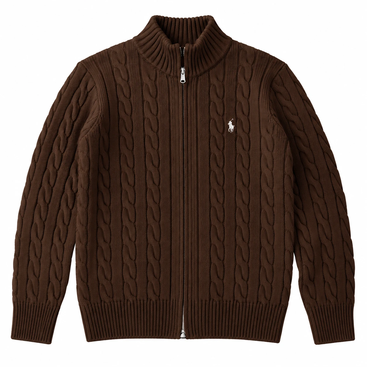 Men's Cable-Knit Full-Zip Sweater – Chocolate Brown