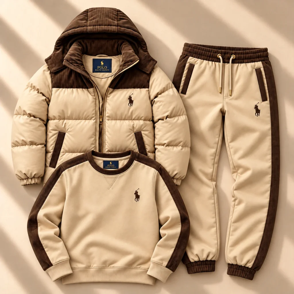 Premium 3-Piece Puffer Jacket & Tracksuit Set – Khaki Tan