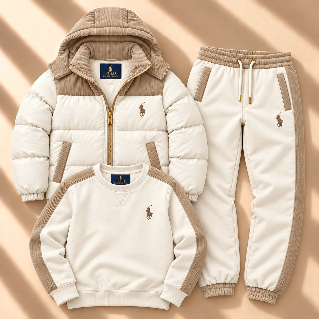 Premium trokadjelni komplет sa puffer jaknom i trenerkom – Cream
