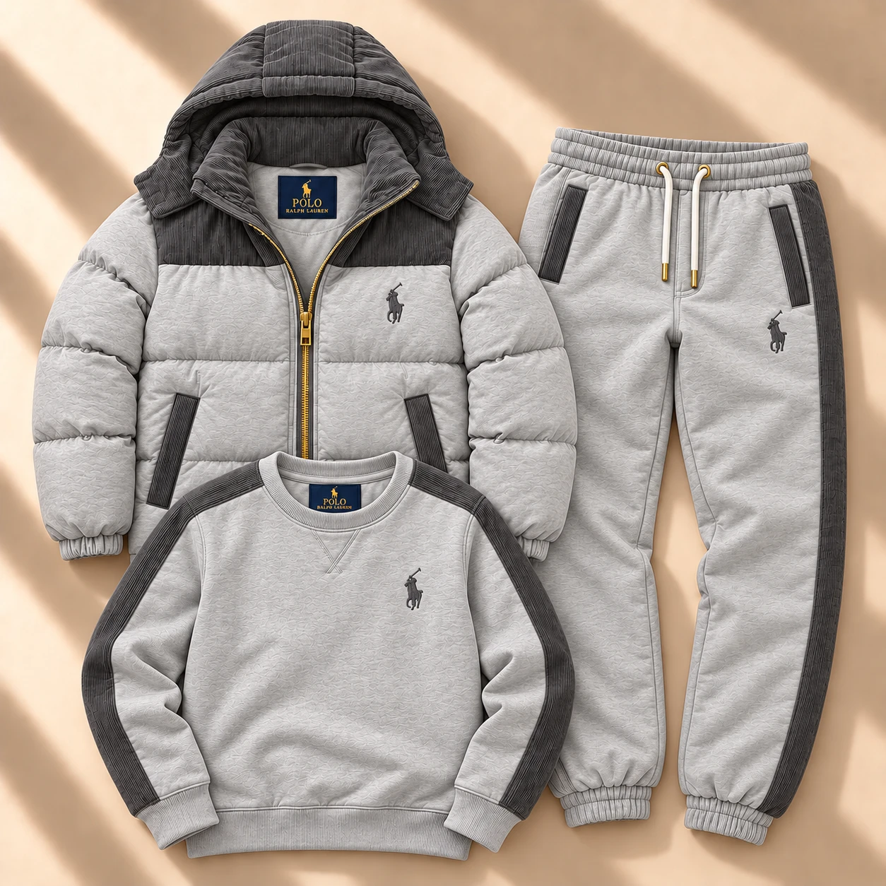 Premium trokadjelni komplет sa puffer jaknom i trenerkom – Heather Grey
