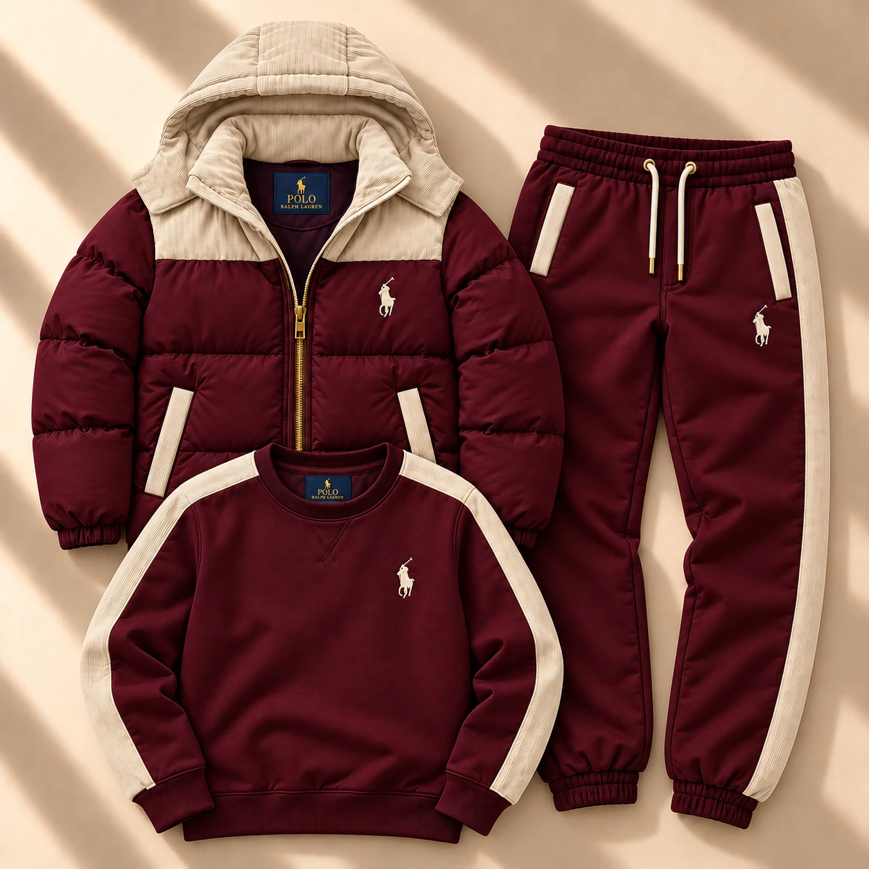 Premium trokadjelni komplет sa puffer jaknom i trenerkom – Burgundy