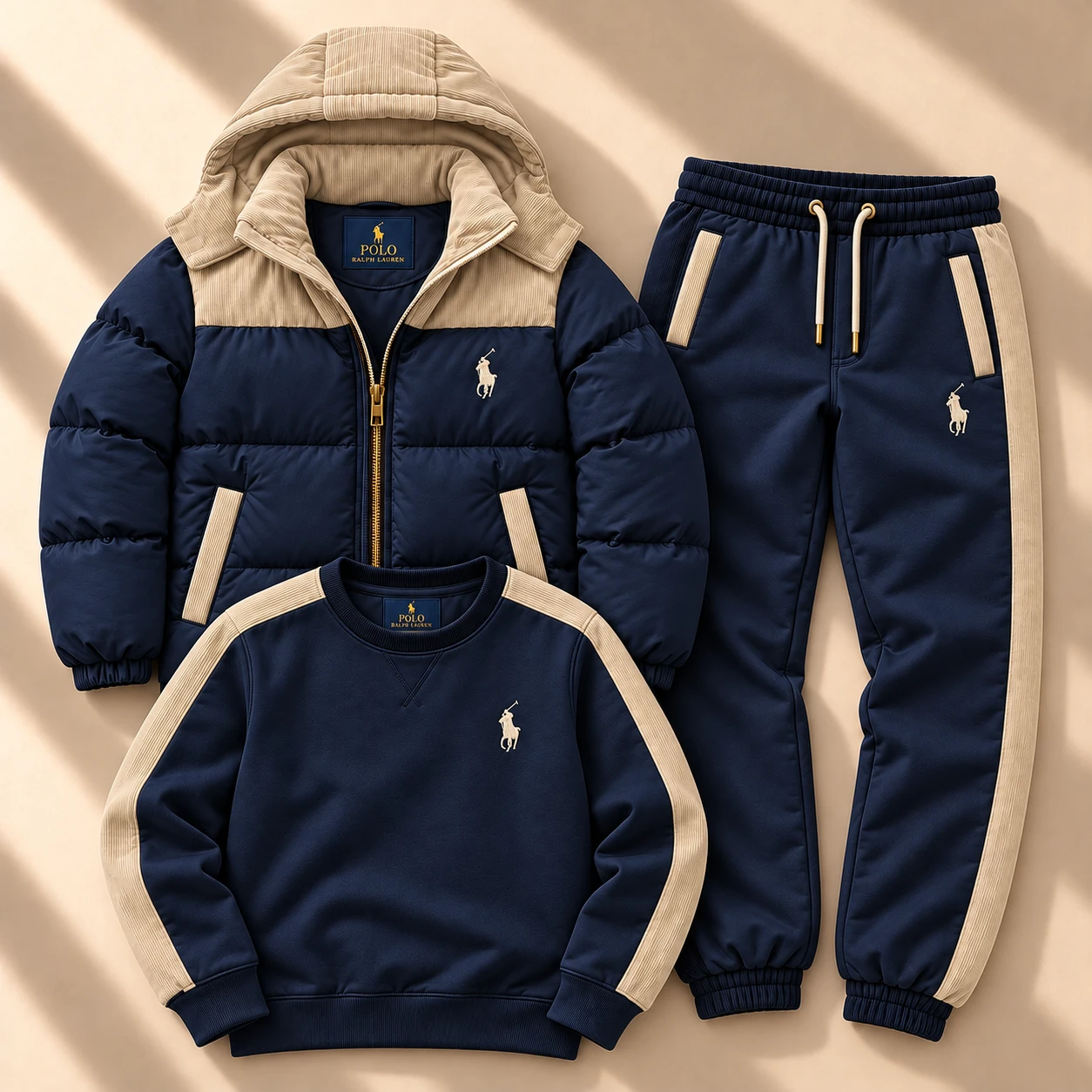 Premium trokadjelni komplет sa puffer jaknom i trenerkom – Navy