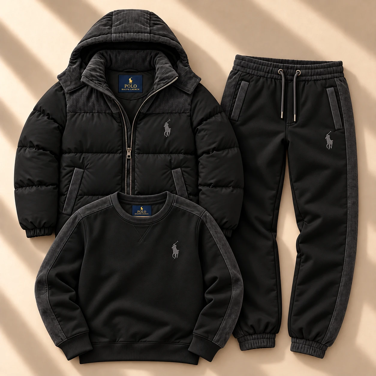 Premium trokadjelni komplет sa puffer jaknom i trenerkom – Black