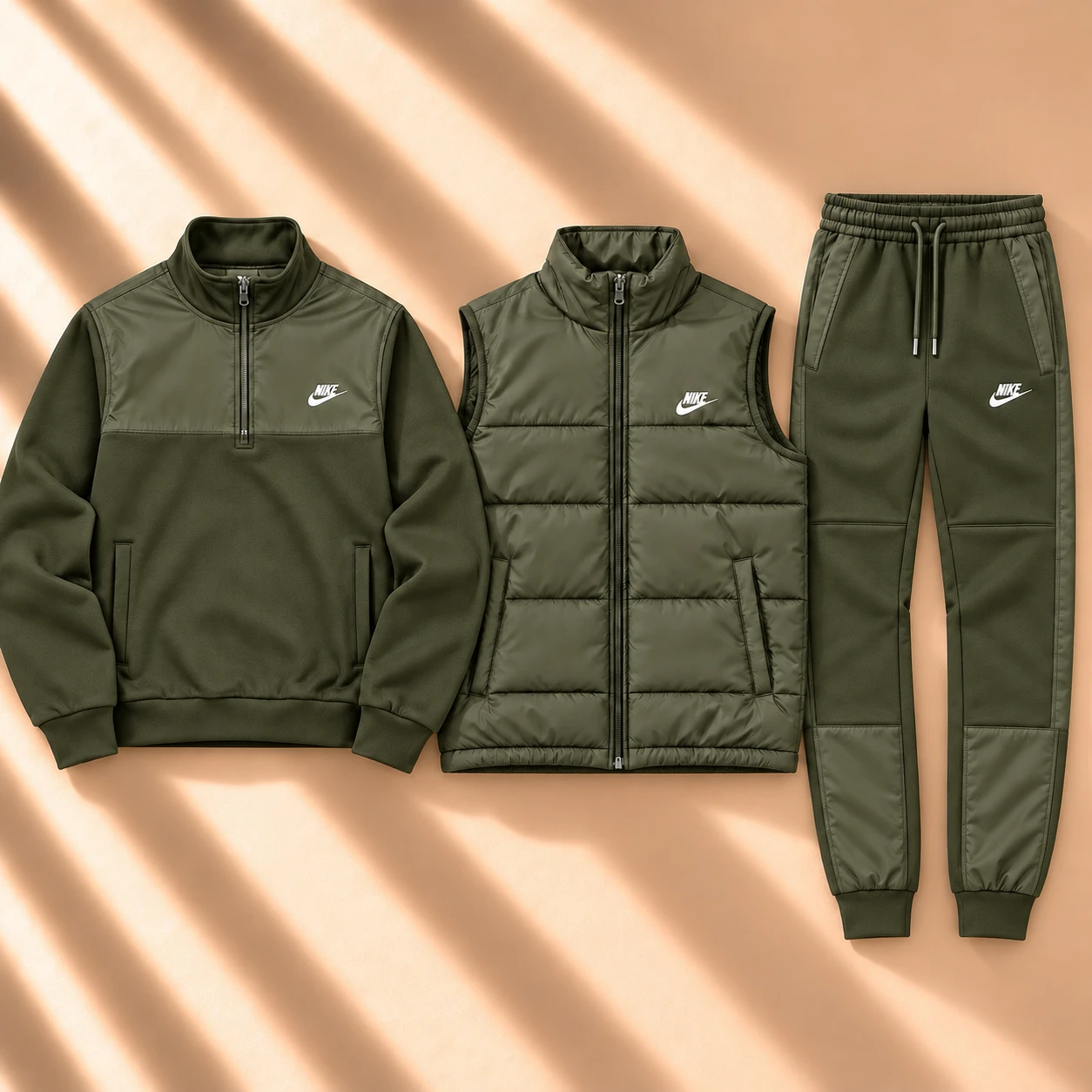 Premium 3-Piece Puffer Vest & Half-Zip Tracksuit Set – Olive Green