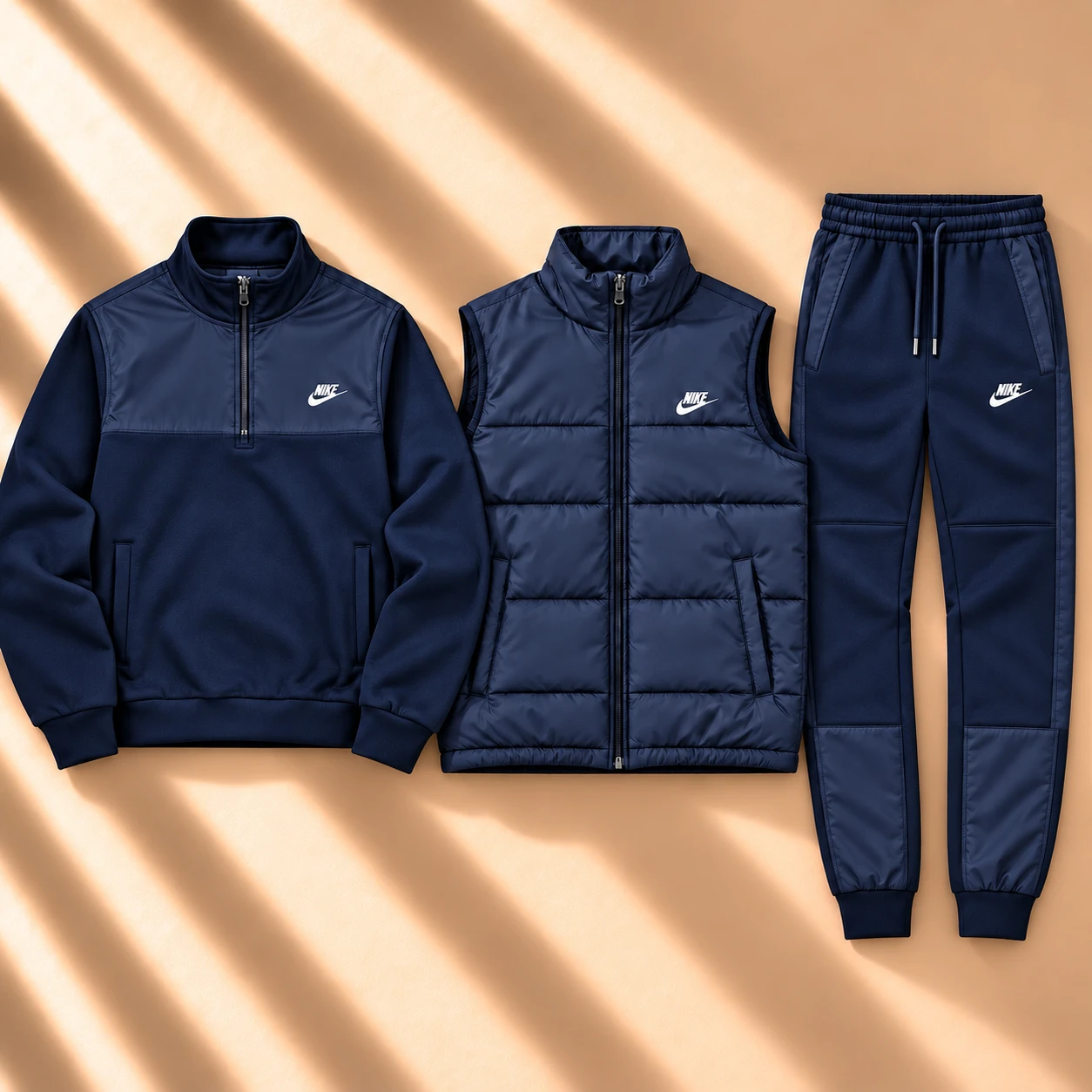 Premium 3-Piece Puffer Vest & Half-Zip Tracksuit Set – Navy